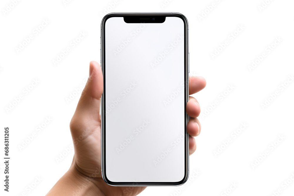 Poster hand holding mockup smartphone and changing screen on transparent background. isolated.