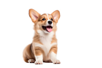 Happy Puppy Welsh Corgi. Dog winking, panting and sitting on transparent background. Isolated.