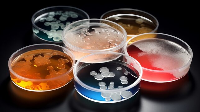 Petri dishes showcase vibrant colorful bacterial colonies, creating a visually dynamic representation of microbial growth in a laboratory setting. Scientific and clinical research concept. 