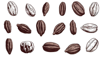 Cocoa beans Hand drawn vector illustration set