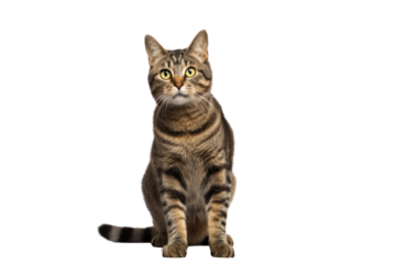 Tabby cat standing on two legs with paws, transparent background. Isolated.