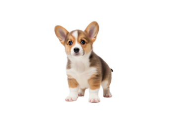 Pembroke Welsh Corgi puppy standing on its hind legs against a transparent background. Isolated.