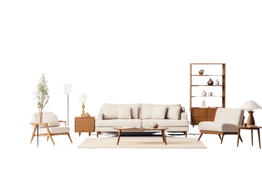 Set of furniture for a white living room on a transparent background. Isolated.
