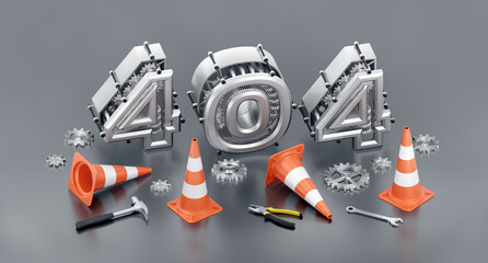 The Error 404 - Page Not Found. A row of 3D digits are composed into the number 404 in surrounding of engineering tools and mechanical gears. 3D rendering graphics in isometric projection. - obrazy, fototapety, plakaty