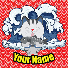 Cat Hugging Fish, cartoon character illustration