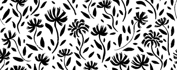 Wild flowers silhouettes vector seamless pattern. Camomile or daisy painted by brush. Abstract plant motif. Black brush painted floral ornament.
