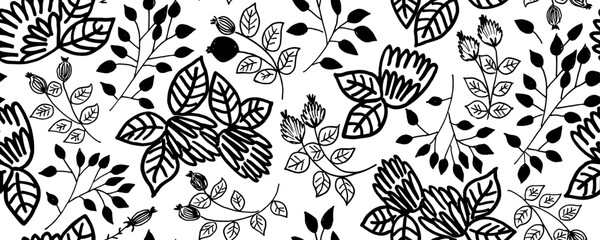 Seamless child's drawn flowers pattern. Wax crayon kid's hand drawn black flowers with leaves. Vector simple plant background. Modern floral print with daisy, ditsy or chrysanthemum.