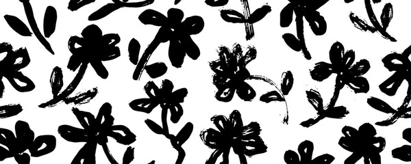 Abstract blooming ink vector seamless pattern. Japanese style grunge flowers black and white texture. Freehand spring blossom natural background. Monochrome creative botanical wallpaper design - obrazy, fototapety, plakaty
