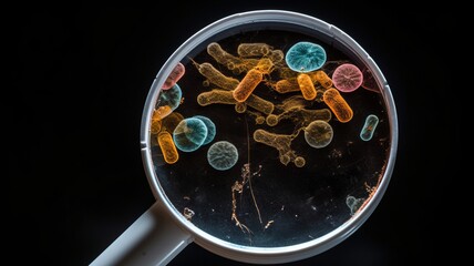 Obraz premium Bacteria under magnifying glass. Petri dishes with vibrant colorful bacterial colonies, representation of microbial growth in a laboratory setting. Scientific and clinical research concept. 