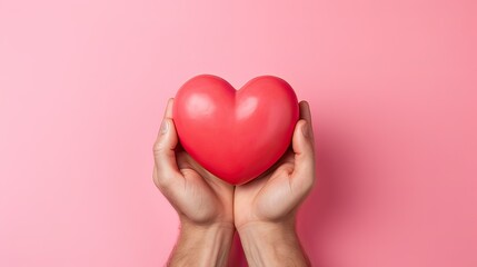 a man holds in his hands a model of a red heart on a pink background, the concept of love, mercy, medicine - obrazy, fototapety, plakaty