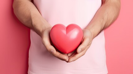 a man holds in his hands a model of a red heart on a pink background, the concept of love, mercy, medicine