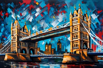 An abstract oil painting that captures the iconic London Tower Bridge in a unique and expressive...
