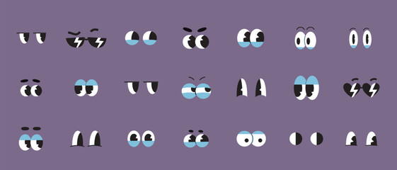 Set of retro cartoon eyes, groovy comic characters different gaze expressions, old animation. Emotions like happy, sad, angry, wonder. Trendy modern vector illustration, hand drawn, flat design