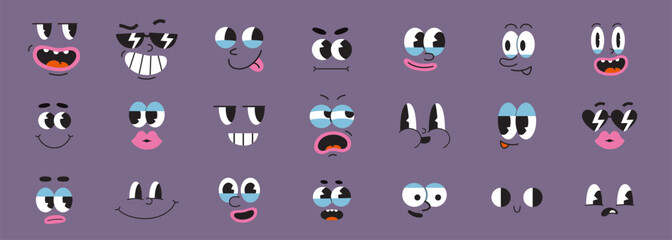 Set of retro cartoon faces, groovy comic characters facial expressions, old animation. Different emotions like happy, sad, angry, wonder. Trendy modern vector illustration, hand drawn, flat design