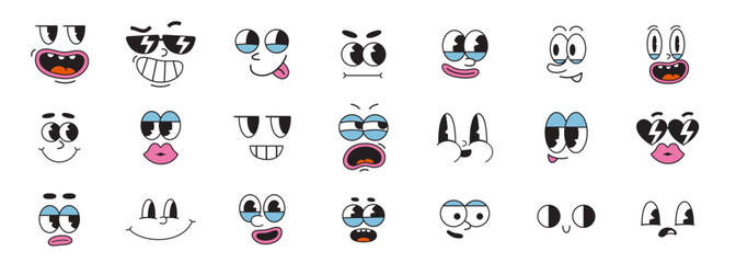 Set of retro cartoon faces with outline, groovy comic characters facial expressions. Emotions like happy, sad, angry, wonder. Trendy modern vector illustration isolated on white, hand drawn, flat