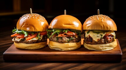 A trio of gourmet sliders on a wooden platter, showcasing a variety of flavors.