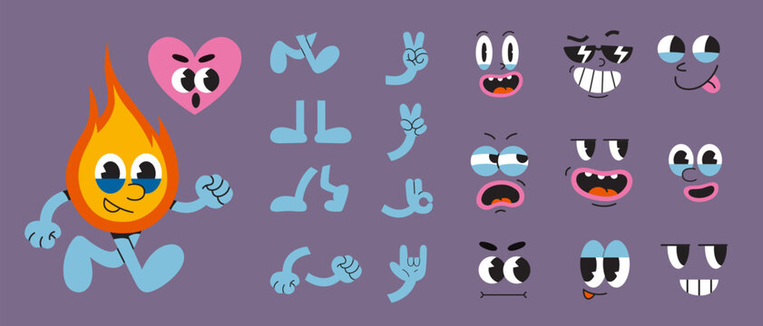 Set of cartoon character faces, legs, hands in different emotions, pose and gestures. 70s groovy comic elements, cute retro hippie mascots. Trendy modern vector illustration, hand drawn, flat design