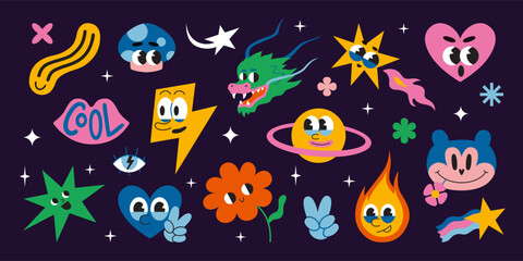 Set of various comic groovy characters such as heart, flower and stars in space, cartoon style. 70s funny cute retro stickers collection. Trendy modern vector illustration, hand drawn, flat design