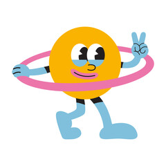 Funny walking planet Saturn with ring and V sign, cartoon style, vintage groovy characters. Trendy modern vector illustration isolated on white background, hand drawn, flat design