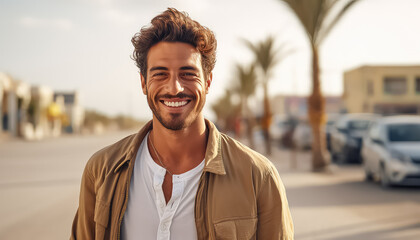 Young bearded Arab man in white T-shirt smiling and looking at the camera in the tropics