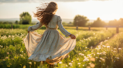 Pretty young woman walking in a country road at evening, spring flower meadow fields, casual dressed girl enjoying the nature, Portrait - Powered by Adobe