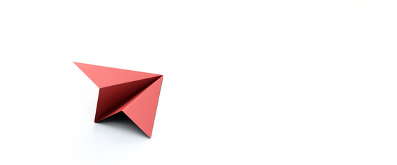 Red paper airplane on a white background. Copy space. 3d render. Illustration.