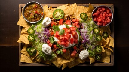 An overhead view of a loaded nachos platter, featuring layers of cheese, salsa, guacamole, and sour cream.