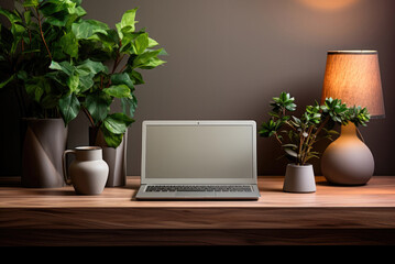 Computer laptop with blank display and houseplant on wood table