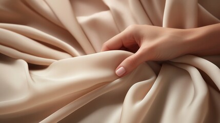 woman hand touching beige silky cashmere fabric closeup.