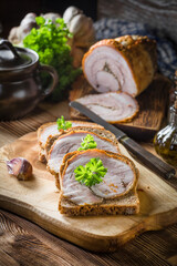 Tasty breakfast - dark bread with baked bacon.