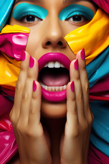 woman with colorful vibrant paint makeup and stylish multicolored nails manicure, fingers and lips, vivid female portrait