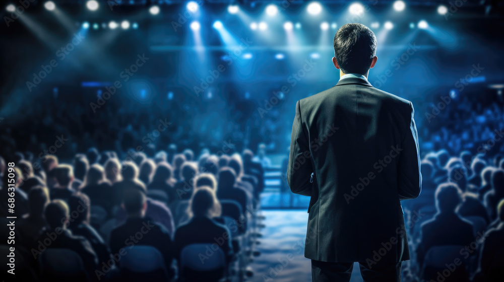 Poster man in a suit speaking into a microphone in front of an audience in a dark auditorium.