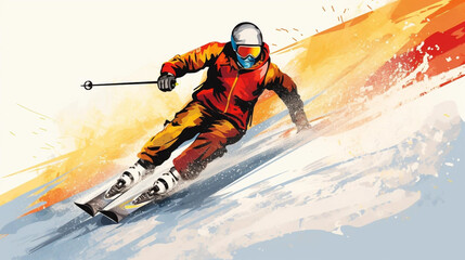 copy space, simple vector illustration, simple colors, Snowboarding, jumping snowboarder in snowy mountains background, Man with snowboard flat style. Winter sport concept. Advertisement for ski vacat