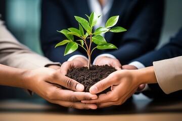 Business hands holding green plants together are the symbol of green business company