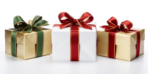 Obraz premium Collection of gift boxes decorated and wrapped with silky ribbon and bow isolated on white background, many gift boxes, gift boxes piles for Christmas, birthday, new year celebration, copy space.