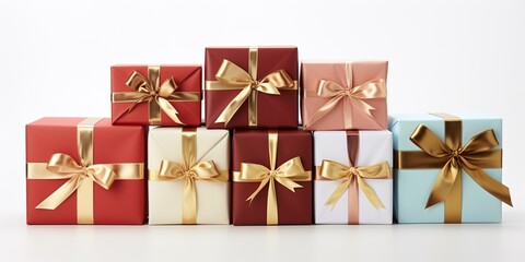 Collection of gift boxes decorated and wrapped with silky ribbon and bow isolated on white background, many gift boxes, gift boxes piles for Christmas, birthday, new year celebration, copy space.