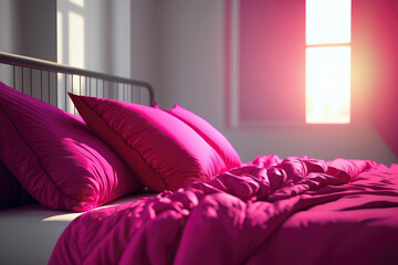 close-up of cozy bed in vivid magenta