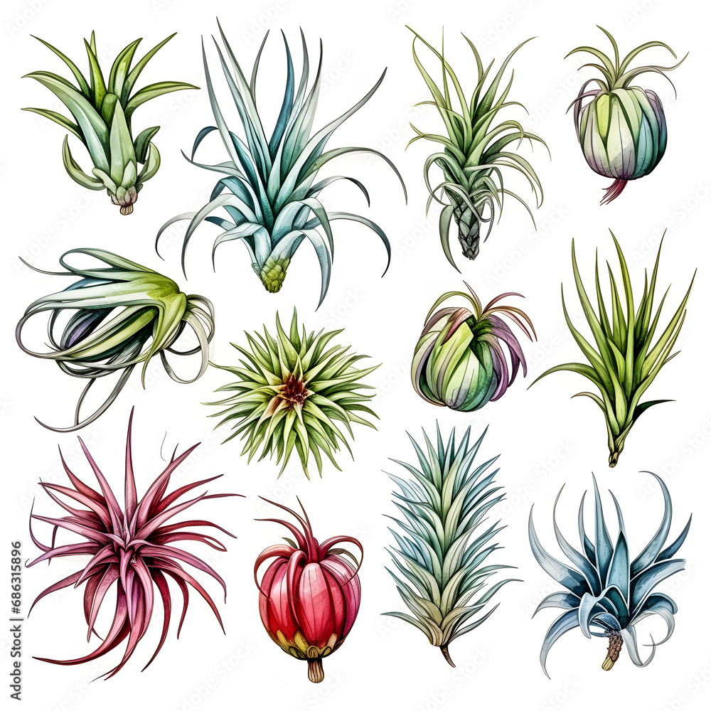 Wall mural set of air plant tillandsia botanical illustration isolated on white background