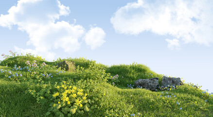 Idyllic Countryside Landscape with Rolling Hills and Wildflowers. 3D render.
