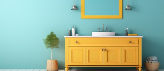 Yellow sink with a classic mirror and cabinet against a blue wall plumbing icon