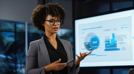 Woman with curly hair and glasses pointing towards a data chart on a screen, giving a business presentation or analysis.