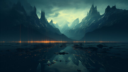 Dark moody landscape captures jagged mountains behind a still reflective lake under a cloudy diffused light with a line of orange lights extending into the distance. - obrazy, fototapety, plakaty