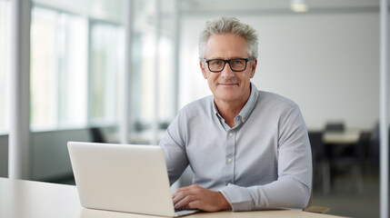 Middle aged man working on a laptop in his modern office