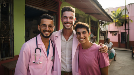 Conexión Cultural: Pacientes Satisfechos con Sonrisas, doctor y pacientes en hospital, sonrientes, color rosa - obrazy, fototapety, plakaty