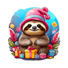 Sticker isolated cute cartoon sloth wearing a pink hat on nature background and with gift boxes.. Transparent background. Generative AI