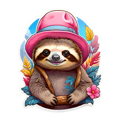 Sticker isolated cute cartoon sloth wearing a pink hat on nature background. Transparent background. Generative AI