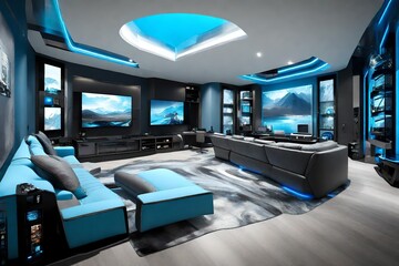 Luxury sky blue and grey gaming room 