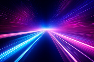 Fototapeta na wymiar Blue and magenta lights radiating at high speed from a central perspective point