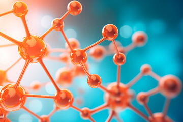 3D model of molecules with orange atomic bonds on a blue background, depicting chemical complexity