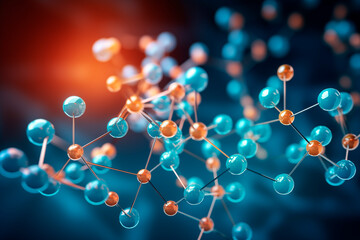 3D model of molecules with orange atomic bonds on a blue background, depicting chemical complexity - obrazy, fototapety, plakaty